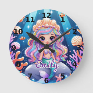 Niedliche Mermaid-Wall-Uhr - bearbeitbarer Name Runde Wanduhr