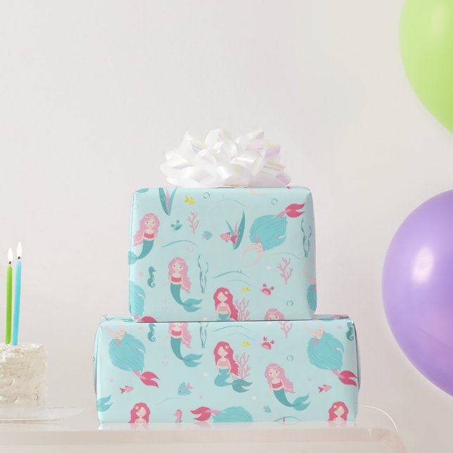 Niedliche Mermaids rosa und türkisfarbenes Muster Geschenkpapier (Partygeschenke)
