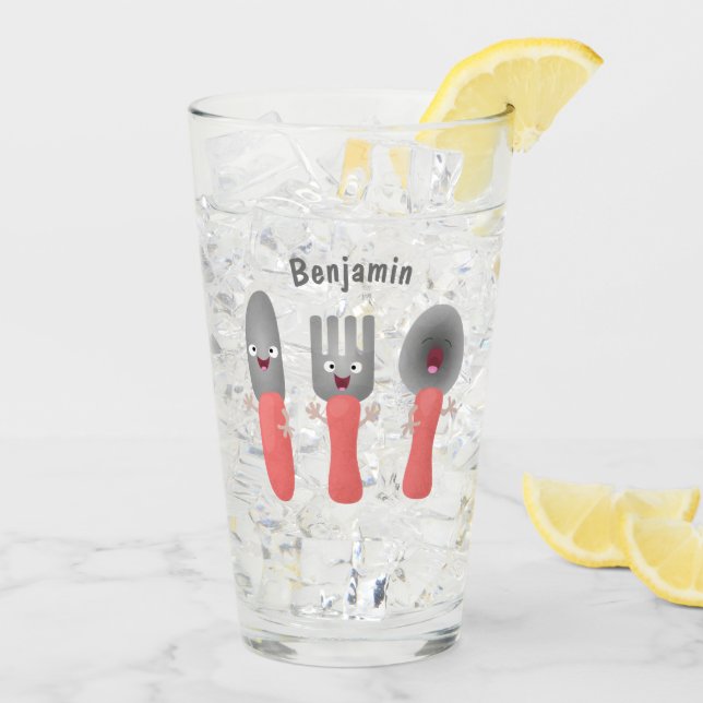 Niedliche Messergabel und Löffelbesteck Cartoon Glas (Rückseite Ice)