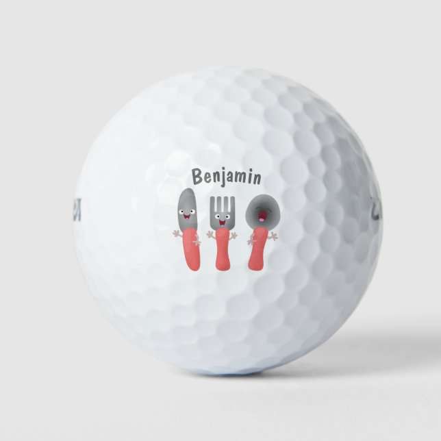 Niedliche Messergabel und Löffelbesteck Cartoon Golfball (Vorderseite)