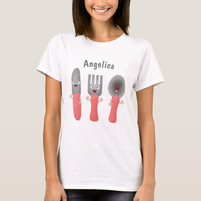 Niedliche Messergabel und Löffelbesteck Cartoon T-Shirt (Vorderseite)