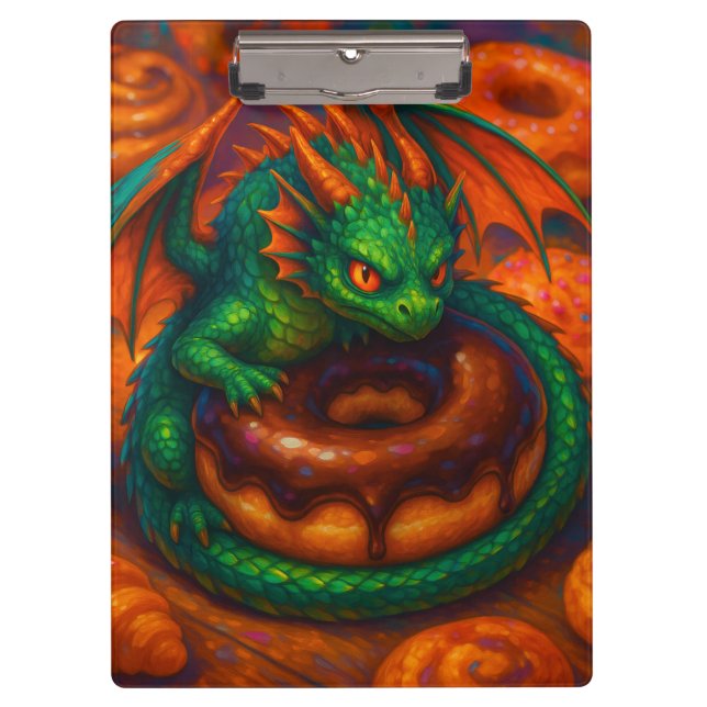 Niedliche Mini Green Dragon & Donut Fantasy Art Klemmbrett (Vorderseite)