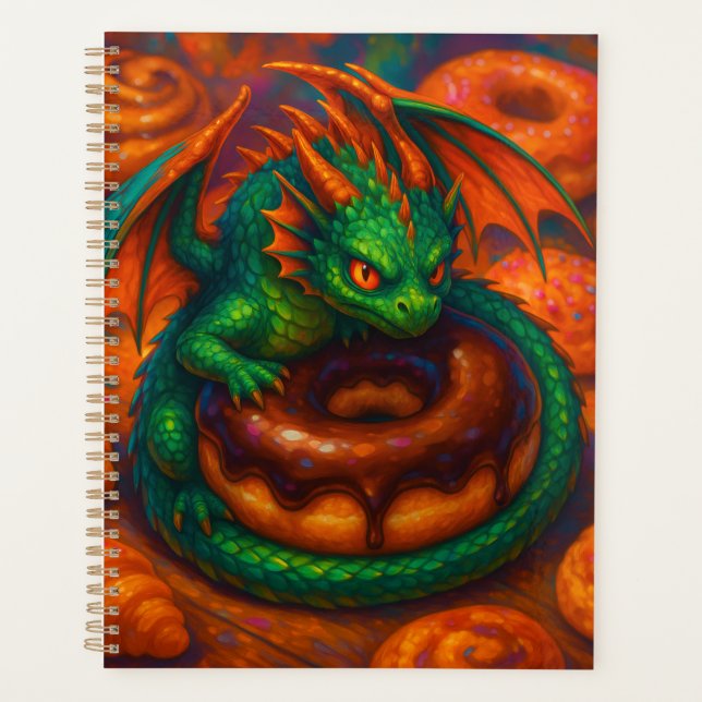Niedliche Mini Green Dragon & Donut Fantasy Art Planer (Vorderseite)