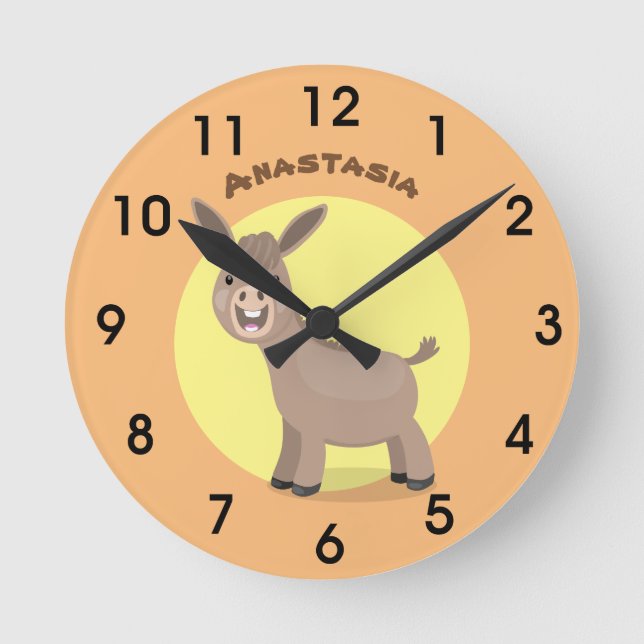 Niedliche Miniatur-Esel-Cartoon-Abbildung Runde Wanduhr (Vorderseite)