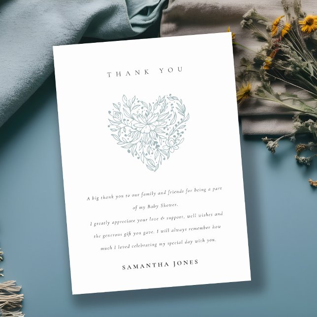 Niedliche Minimal Dusky Blue Floral Heart Baby Dus Dankeskarte (Von Creator hochgeladen)
