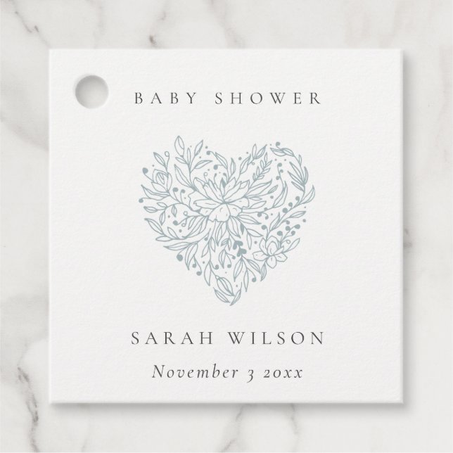 Niedliche Minimal Dusky Blue Floral Heart Baby Dus Geschenkanhänger (Vorderseite)