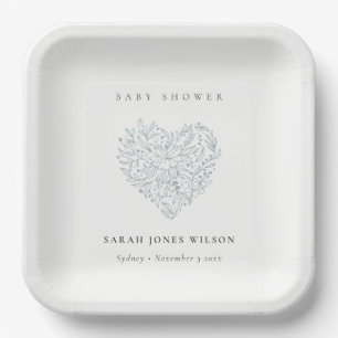 Niedliche Minimal Dusky Blue Floral Heart Baby Dus Pappteller