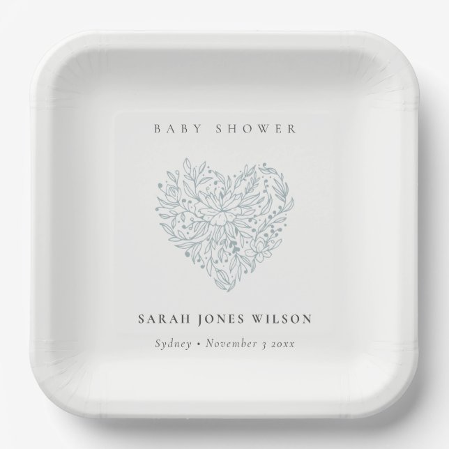 Niedliche Minimal Dusky Blue Floral Heart Baby Dus Pappteller (Vorderseite)