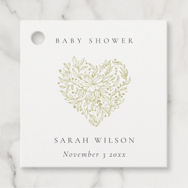 Niedliche Minimal Dusky Green Floral Heart Babydus Geschenkanhänger (Vorderseite)