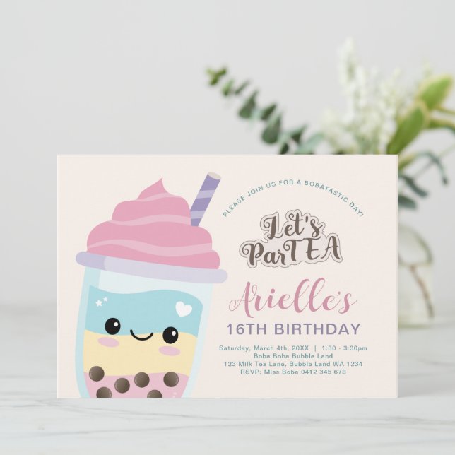 Niedliche Minimalistische Boba Bubble Tea Einladun Einladung (Stehend Vorderseite)