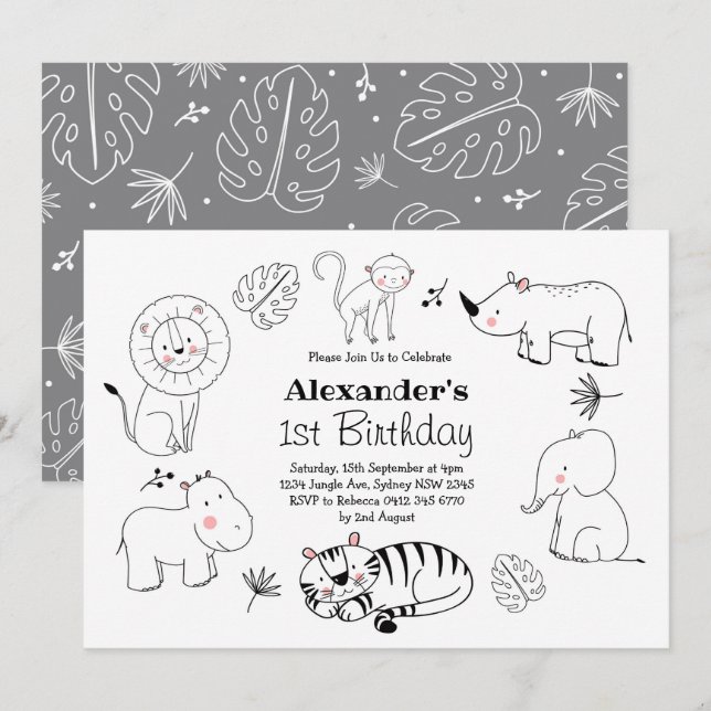 Niedliche Minimalistische Jungle Safari Tiere 1. G Einladung (Vorne/Hinten)