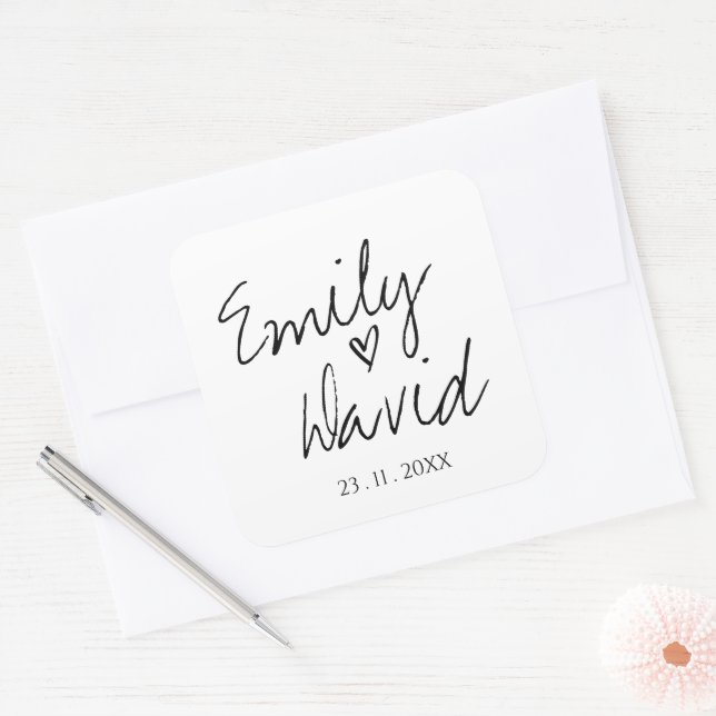Niedliche Minimalistische Schwarz-Weiß-Hochzeit Quadratischer Aufkleber (Umschlag)