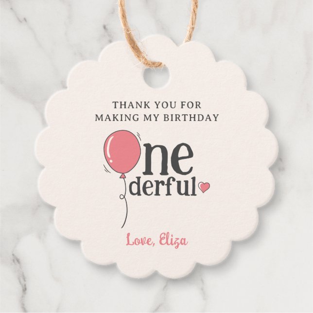 Niedliche Miss Onederful Pink Balloon Vielen Dank Geschenkanhänger (Vorderseite)
