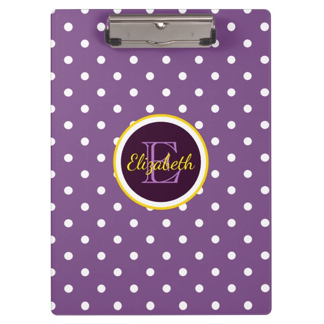 Niedliche Mit Monogramm Lila Polka Dots Klemmbrett (Vorderseite)