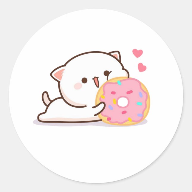 Niedliche Mochi Peach Cat und Donut Runder Aufkleber (Vorderseite)