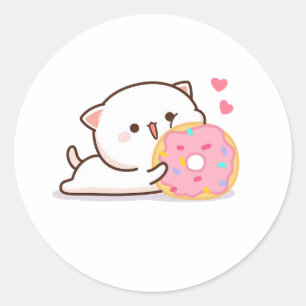 Niedliche Mochi Peach Cat und Donut Runder Aufkleber