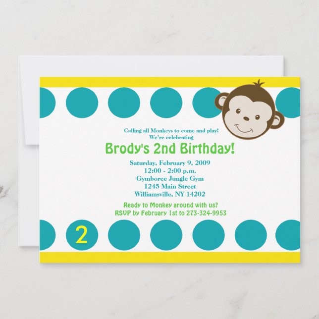 Niedliche Mod Affe Blau/Gelb Geburtstag 12x18 Einladung (Vorderseite)