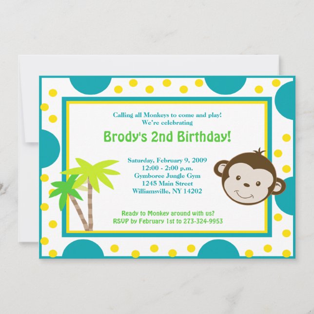 Niedliche Mod Monkey Blue & Yellow Geburtstag 12x1 Einladung (Vorderseite)
