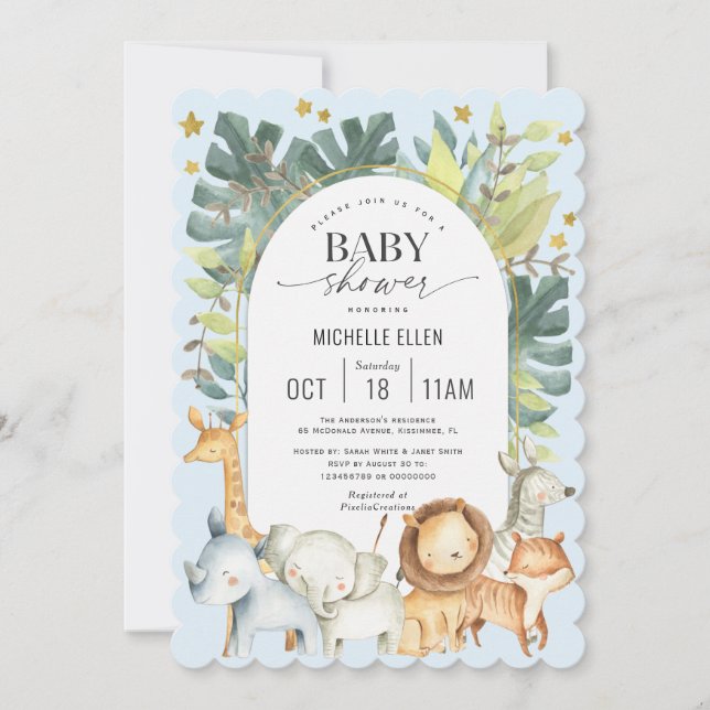 Niedliche moderne Baby-Tiere Safari-Kindermädchen Einladung (Vorderseite)