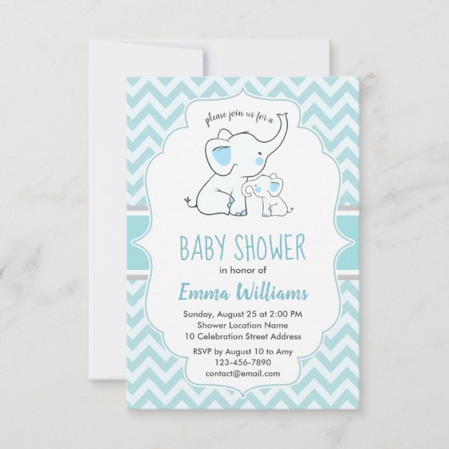 Niedliche moderne Blue White Elephant Baby Dusche Einladung (Vorderseite)