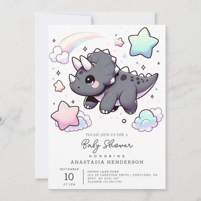 Niedliche moderne Dinosaurier Babydusche Einladung (Vorderseite)