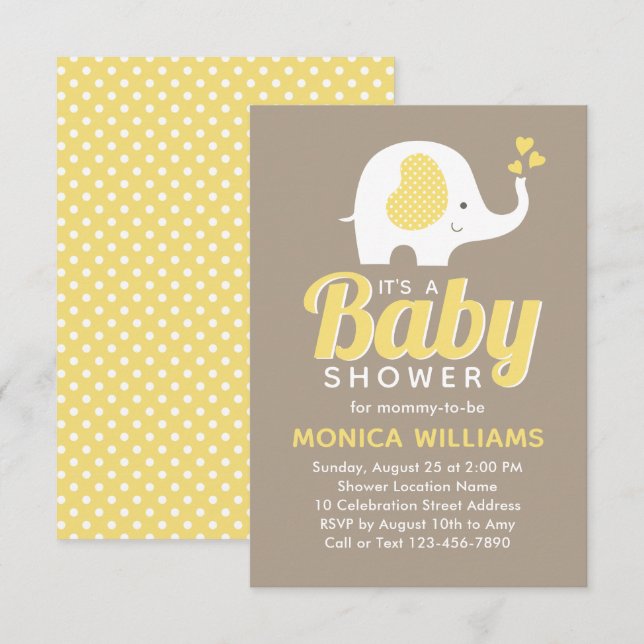 Niedliche moderne, gelbe Beige Elephant Babydusche Einladung (Vorne/Hinten)