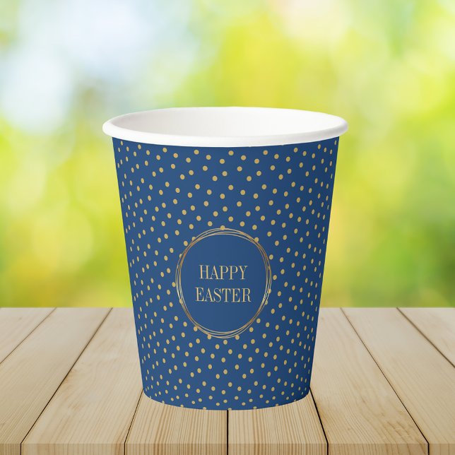 Niedliche moderne Goldpolka Dots Christlich glückl Pappbecher (Cute Modern Blue Gold Polka Dots Christian Happy Easter Paper Cups)