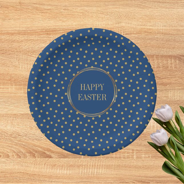 Niedliche moderne Goldpolka Dots Christlich glückl Pappteller (Cute Modern Blue Gold Polka Dots Christian Happy Easter Paper Plates)