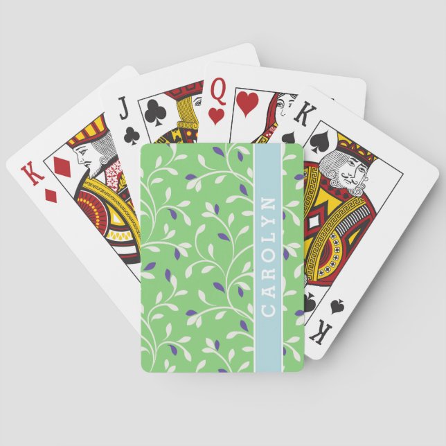Niedliche moderne grüne Blätter, Muster monogramm Spielkarten (Rückseite)