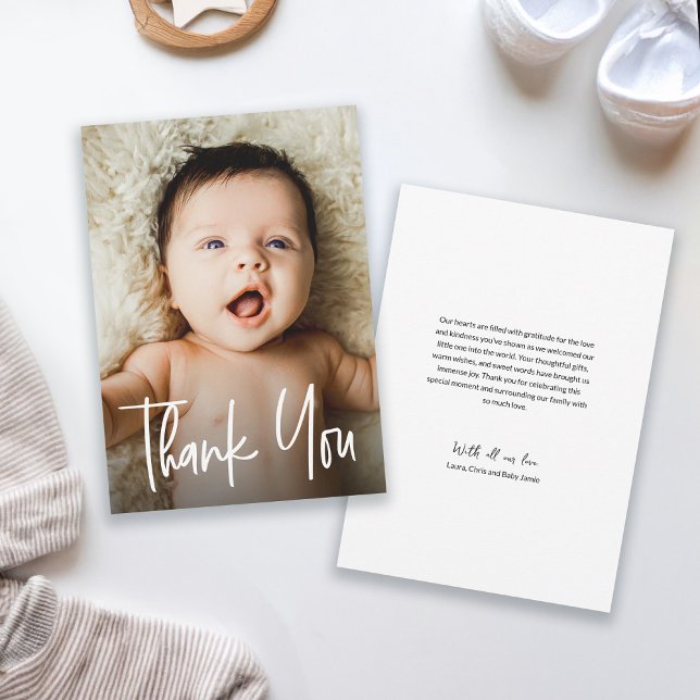 Niedliche moderne Handschrift Boy Foto Babydusche Dankeskarte (Custom baby shower photo birth announcement thank you card.)