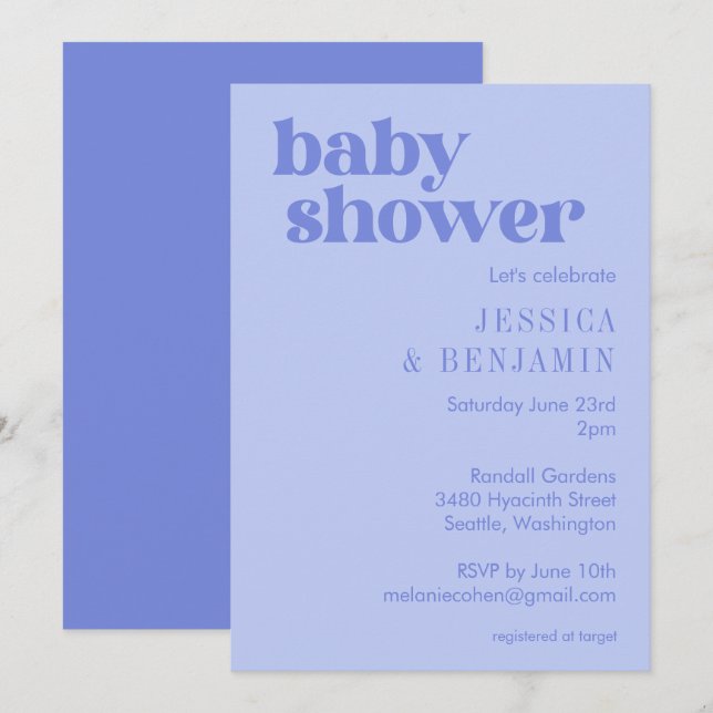 Niedliche moderne Periwinkle Lila Babydusche Einladung (Vorne/Hinten)