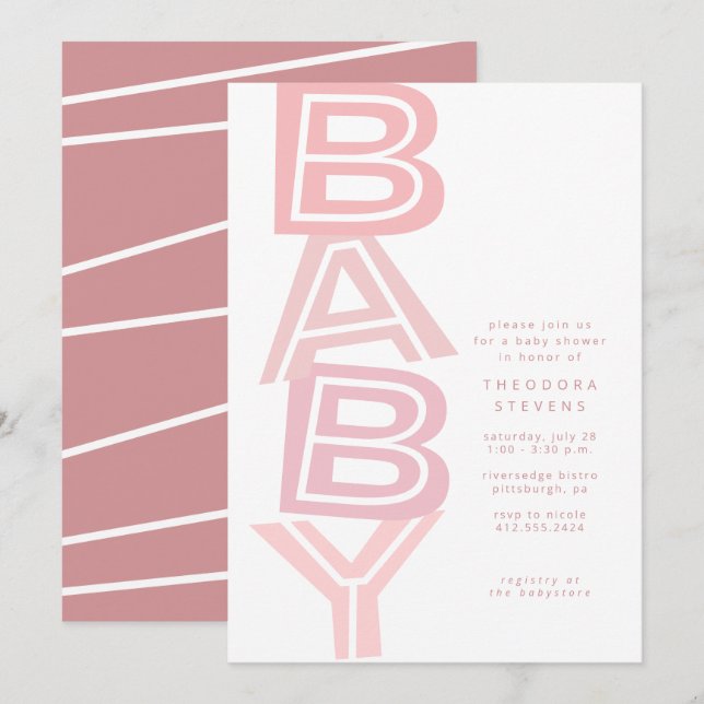 Niedliche moderne, rosa Babydusche Einladung (Vorne/Hinten)