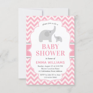 Niedliche moderne rosa graue Elephant Girl Babydus Einladung