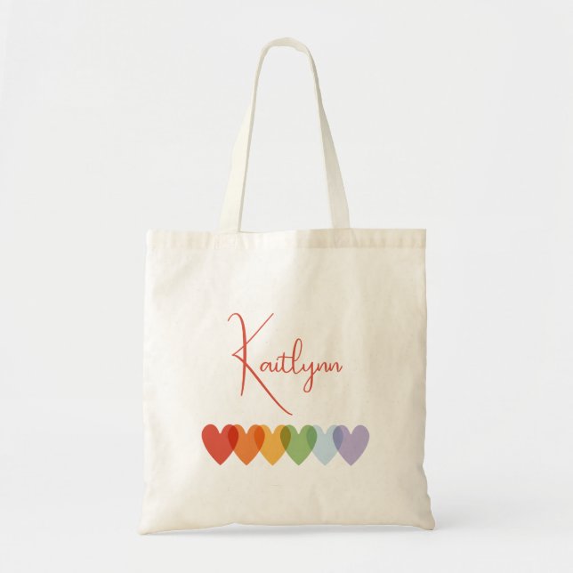 Niedliche, moderne und farbenfrohe Regenbogen Herz Tragetasche (Vorne)
