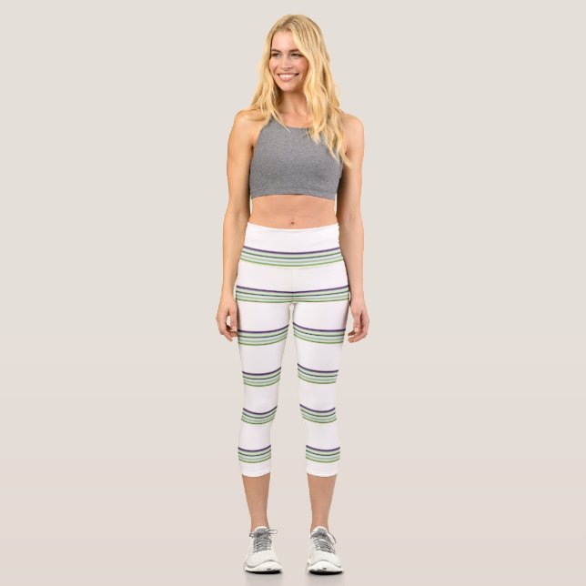 Niedliche, moderne weiße Streifen Capri Leggings (Vorderseite)
