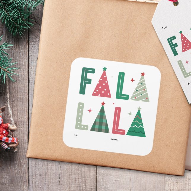 Niedliche moderne Whimsical Fa La La Holiday Quadratischer Aufkleber (cute, whimsical and fun Fa La La La Christmas typography gift labels)