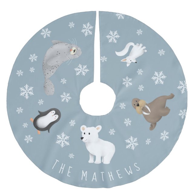 Niedliche, moderne Wintertierfamilie Polyester Weihnachtsbaumdecke (Vorderseite)