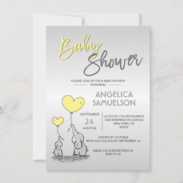 Niedliche moderne YELLOW Mommy Elephant & Baby Dus Einladung (Vorderseite)