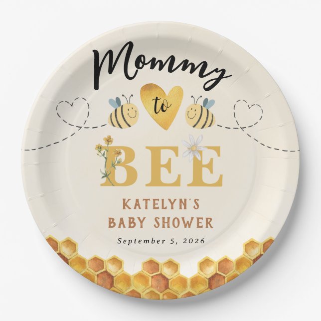 Niedliche Mommy to Bee Gender Neutrale Babydusche Pappteller (Vorderseite)