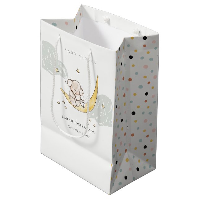 Niedliche Mondstars Elephant Bunny Neutral Baby Sh Mittlere Geschenktüte (Vorderseite Schrägansicht)