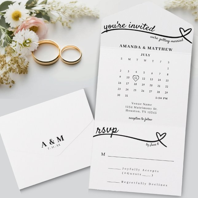 Niedliche Monografie-Hochzeit All In One Einladung (Cute White Heart Line Monogram Calendar Wedding All In One Invitation
)