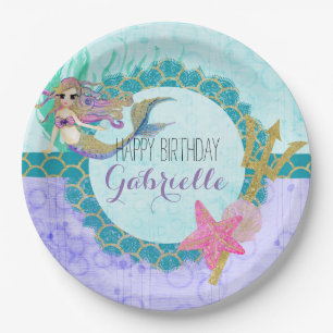 Niedliche Monogram Mermaid Aquamarin & Lila Happy Pappteller