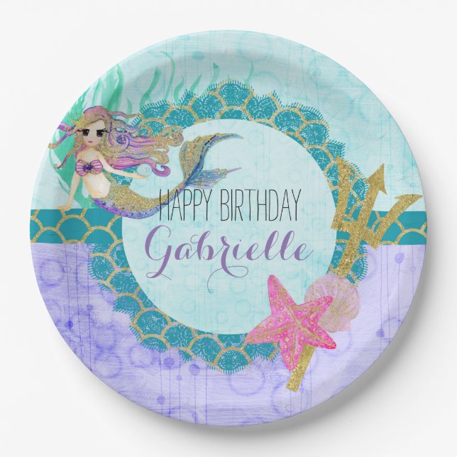 Niedliche Monogram Mermaid Aquamarin & Lila Happy  Pappteller (Vorderseite)