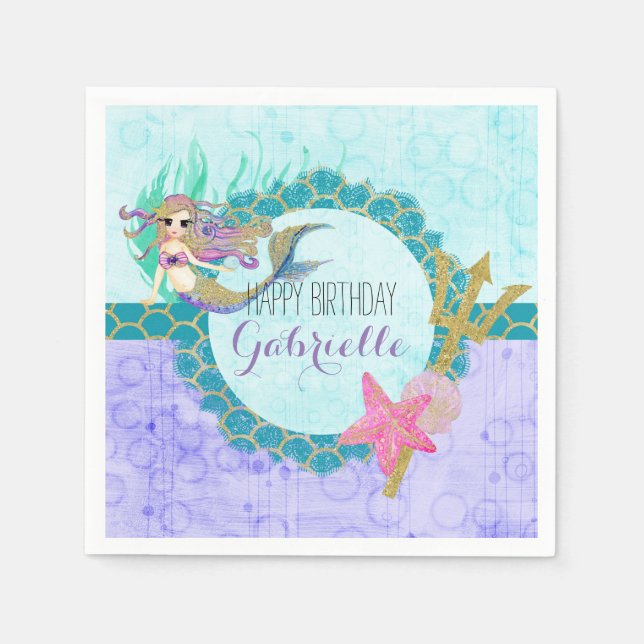 Niedliche Monogram Mermaid Aquamarin & Lila Happy  Serviette (Vorderseite)
