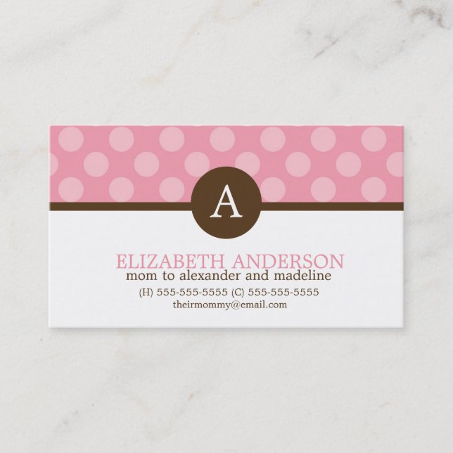 Niedliche Monogram Pink Polka Dots Telefonnummerkarte (Vorderseite)