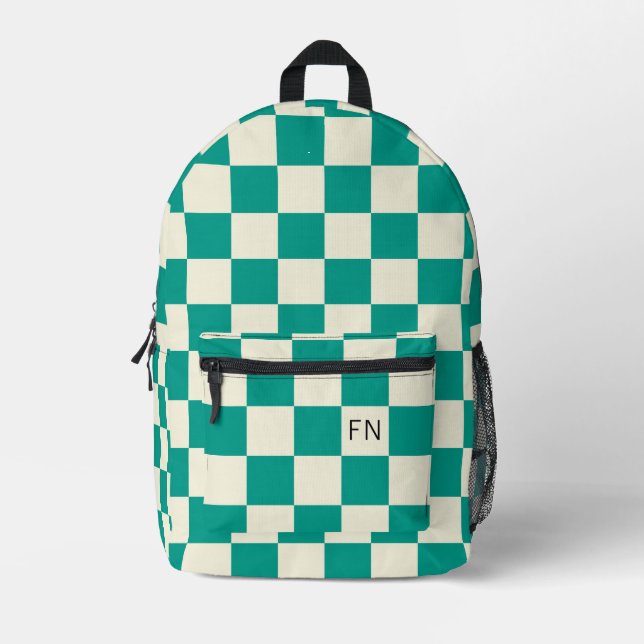Niedliche Monogramm-Initialen und Aquamarine Check Bedruckter Rucksack (Vorderseite)