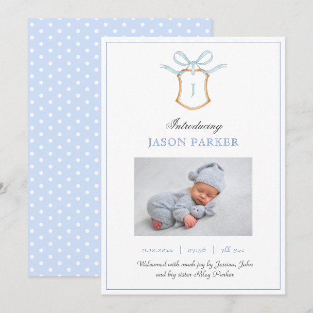 Niedliche Monogramm mit Wappen und Bogen Ankündigung (Vorne/Hinten)