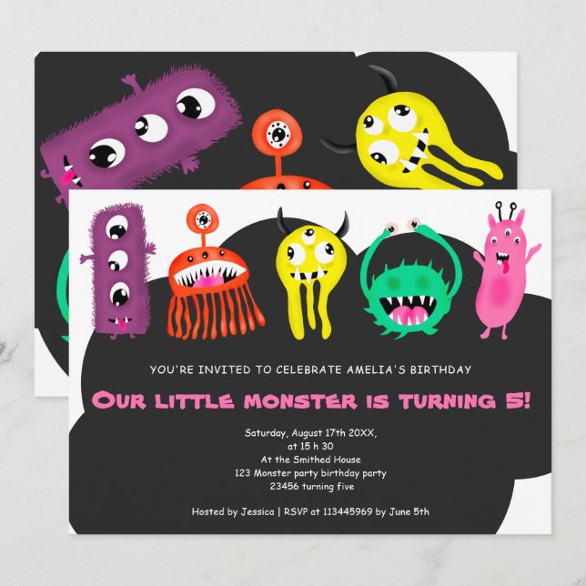 Niedliche Monster Illustration 5. Geburtstagsparty Einladung (Vorne/Hinten)
