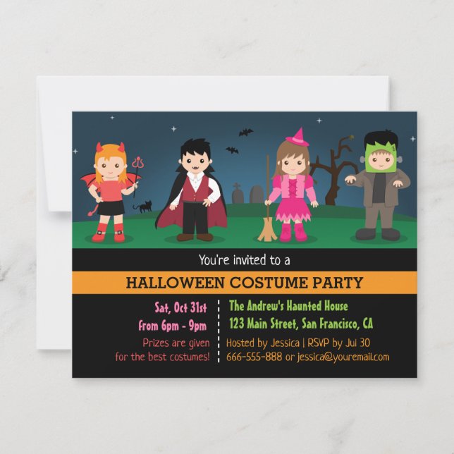 Niedliche Monster Kids Halloween Kostüm Party Einladung (Vorderseite)