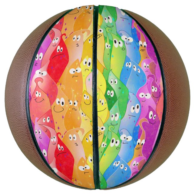 Niedliche Monster mit Regenbogen-Emotionsblocken i Basketball (Vertikal)
